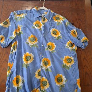 Brioni Large Sunflower Summer Short Sleeve Shirt Italy Hawaii Blue Yellow